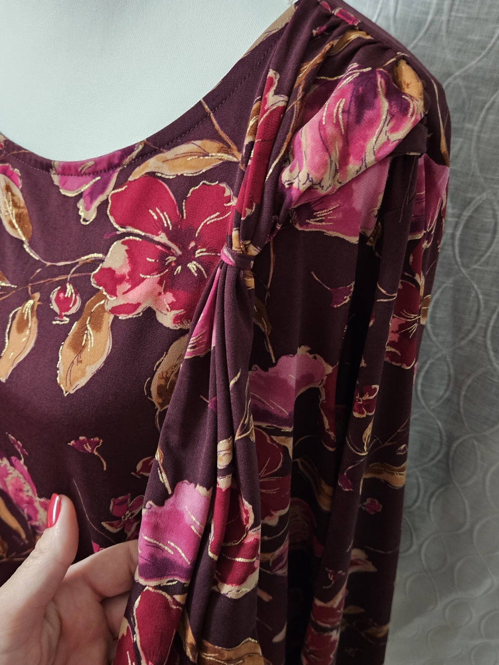 Susan Graver Liquid Knit Women's Floral Long-Sleeve Top in Burgundy and Pink - Picture 2 of 5
